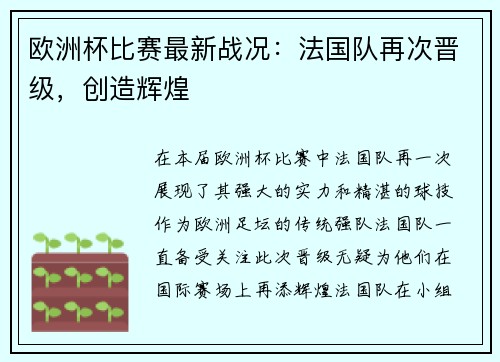 欧洲杯比赛最新战况：法国队再次晋级，创造辉煌