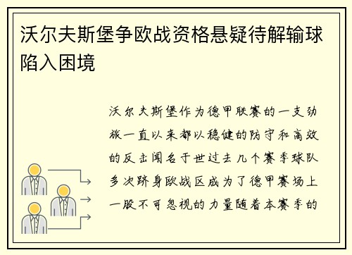 沃尔夫斯堡争欧战资格悬疑待解输球陷入困境