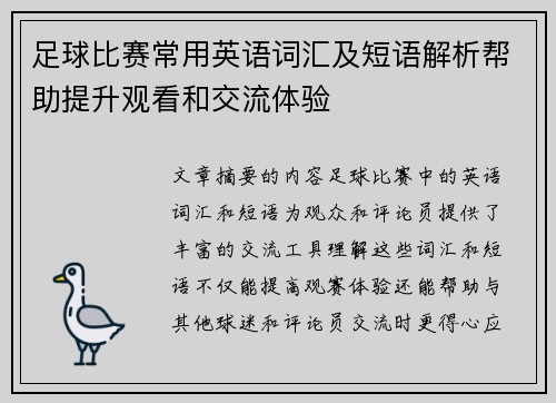 足球比赛常用英语词汇及短语解析帮助提升观看和交流体验