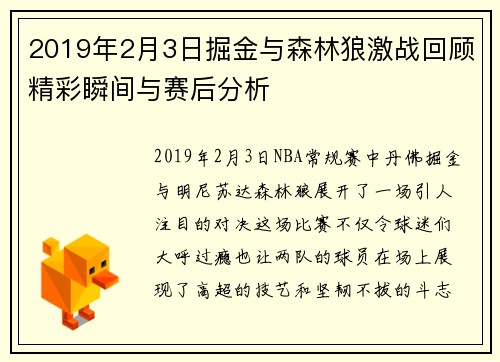 2019年2月3日掘金与森林狼激战回顾精彩瞬间与赛后分析