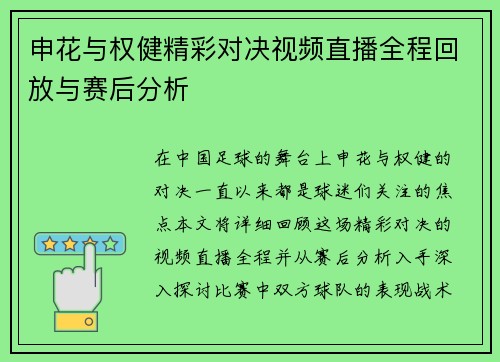 申花与权健精彩对决视频直播全程回放与赛后分析