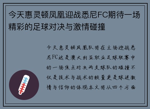 今天惠灵顿凤凰迎战悉尼FC期待一场精彩的足球对决与激情碰撞