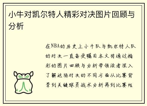小牛对凯尔特人精彩对决图片回顾与分析
