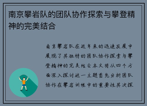 南京攀岩队的团队协作探索与攀登精神的完美结合