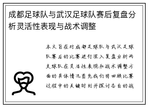 成都足球队与武汉足球队赛后复盘分析灵活性表现与战术调整